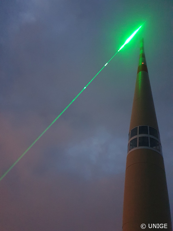 Green laser beam on top of Säntis