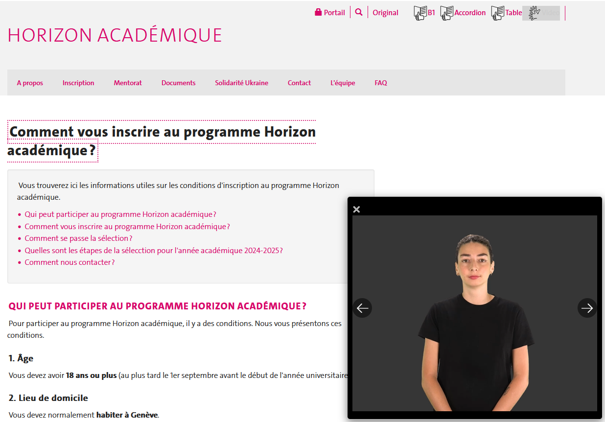 Horizon académique - Page avec l’intégration de la langue des signes.