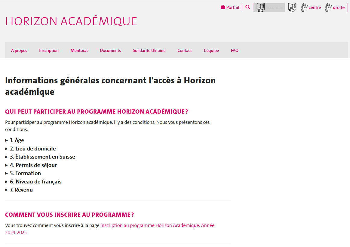 Horizon académique - Page simplifiée avec système accordéon