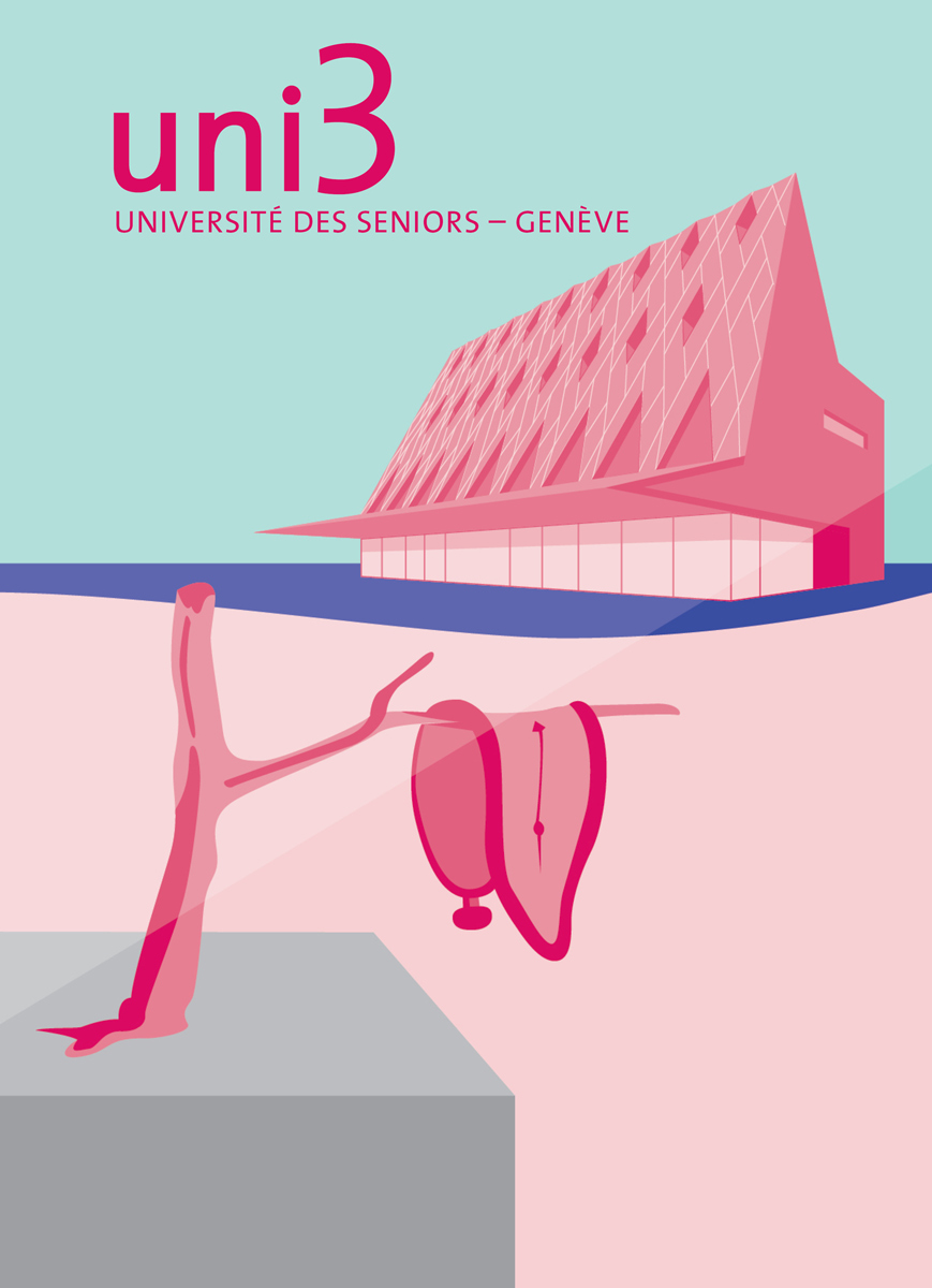 Carte postale Uni3 avec une illustration du MEG de Genève et un détail de la Persistance de la Mémoire de Dalí